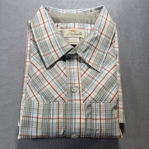 Bob Timberlake Mens Large Plaid Short Sleeve Vented Fishing Shirt Grey Orange